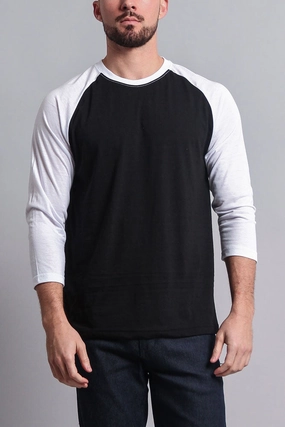 Men's Baseball T-Shirt (Black/White) Comfy Cardigan RibbedCuff