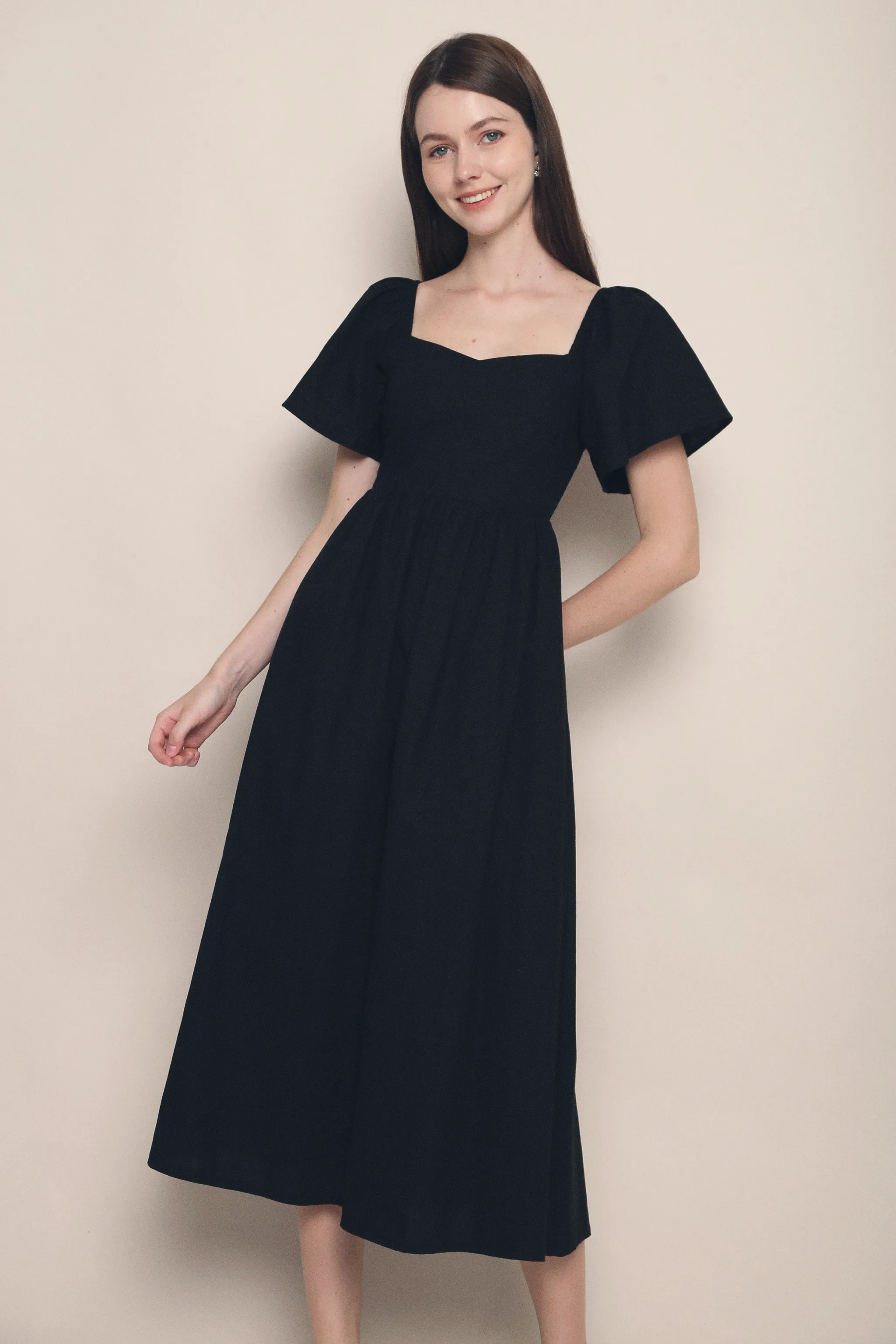 Layered Fit Ready Glow Tiara Sweetheart Linen Midaxi Dress Black