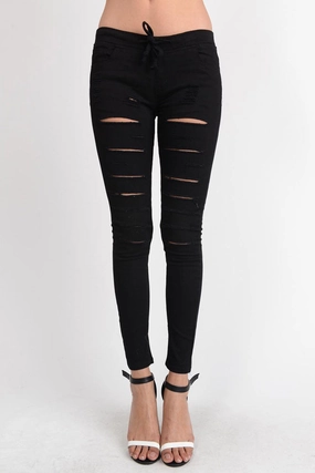 Women's Solid Thrashed Skinny Jogger Pants Modern Fit Low Profile Waistband