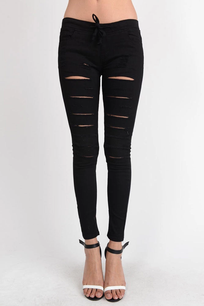 Women's Solid Thrashed Skinny Jogger Pants Cool Weather Non Irritating Seams