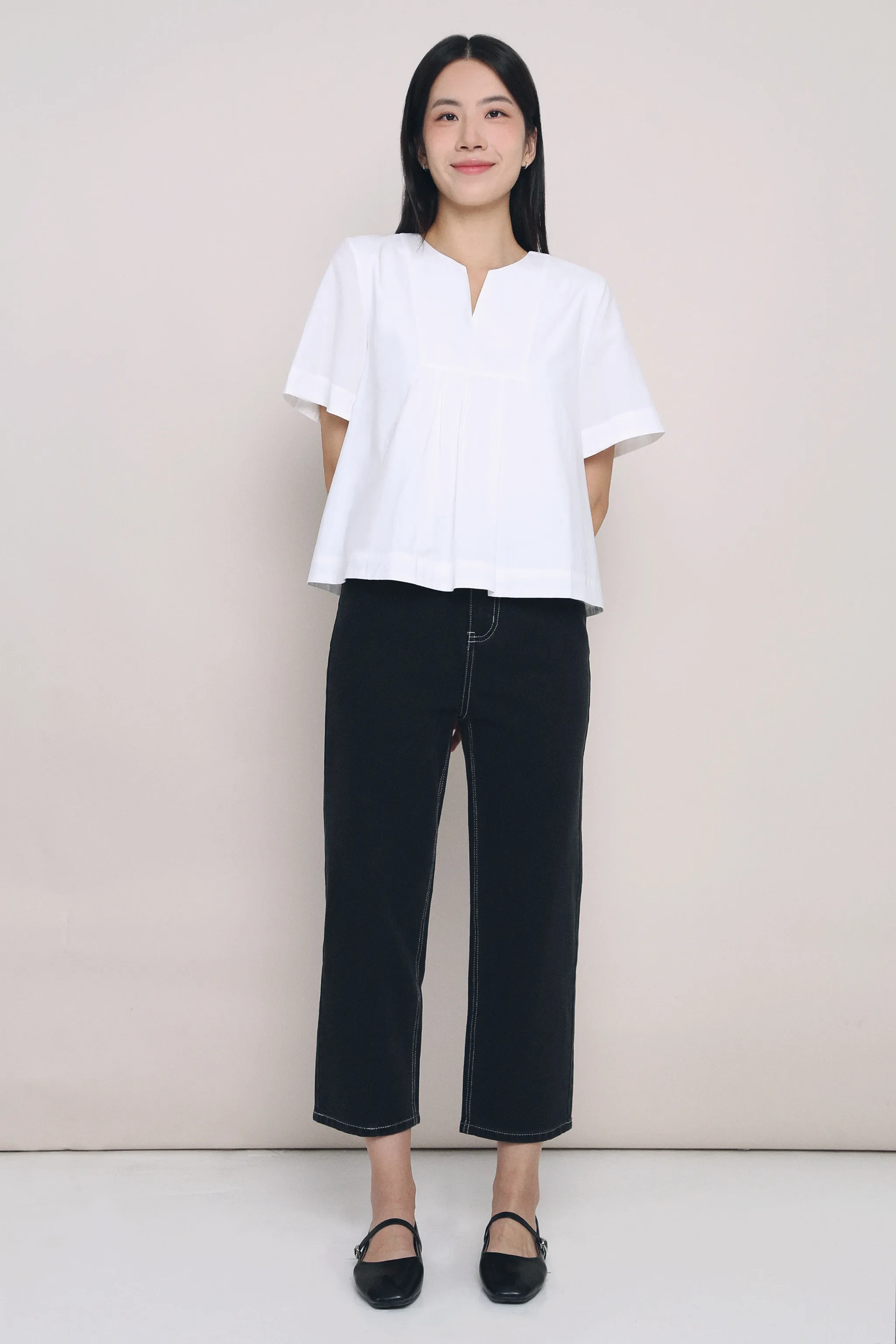 Ergonomic Shoulder Cut Tods Notch Neck Blouse White