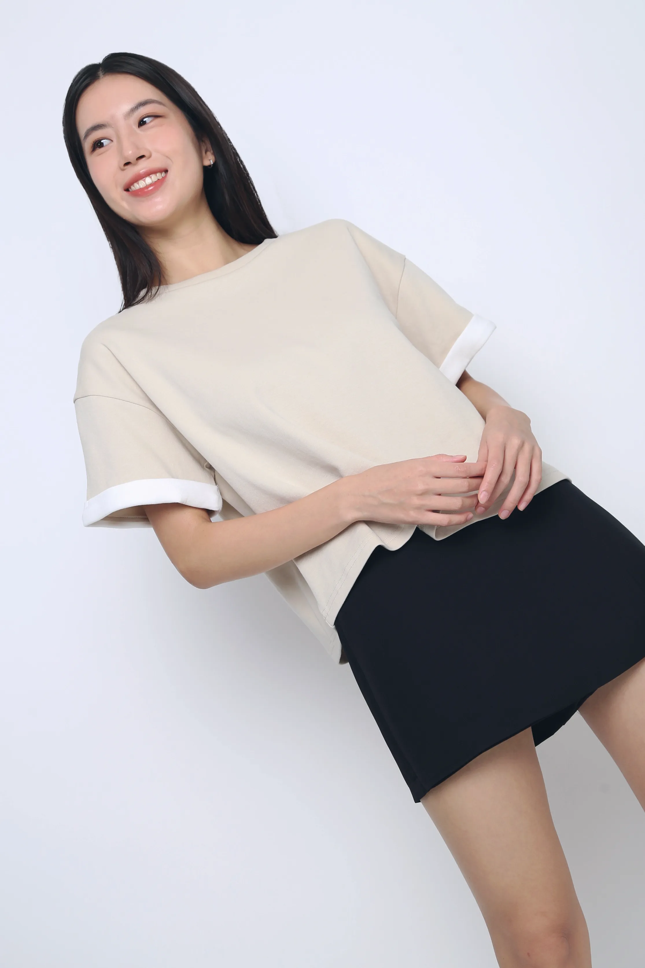 Toni Colorblock Boxy Tee Beige/White Lightweight Thermal