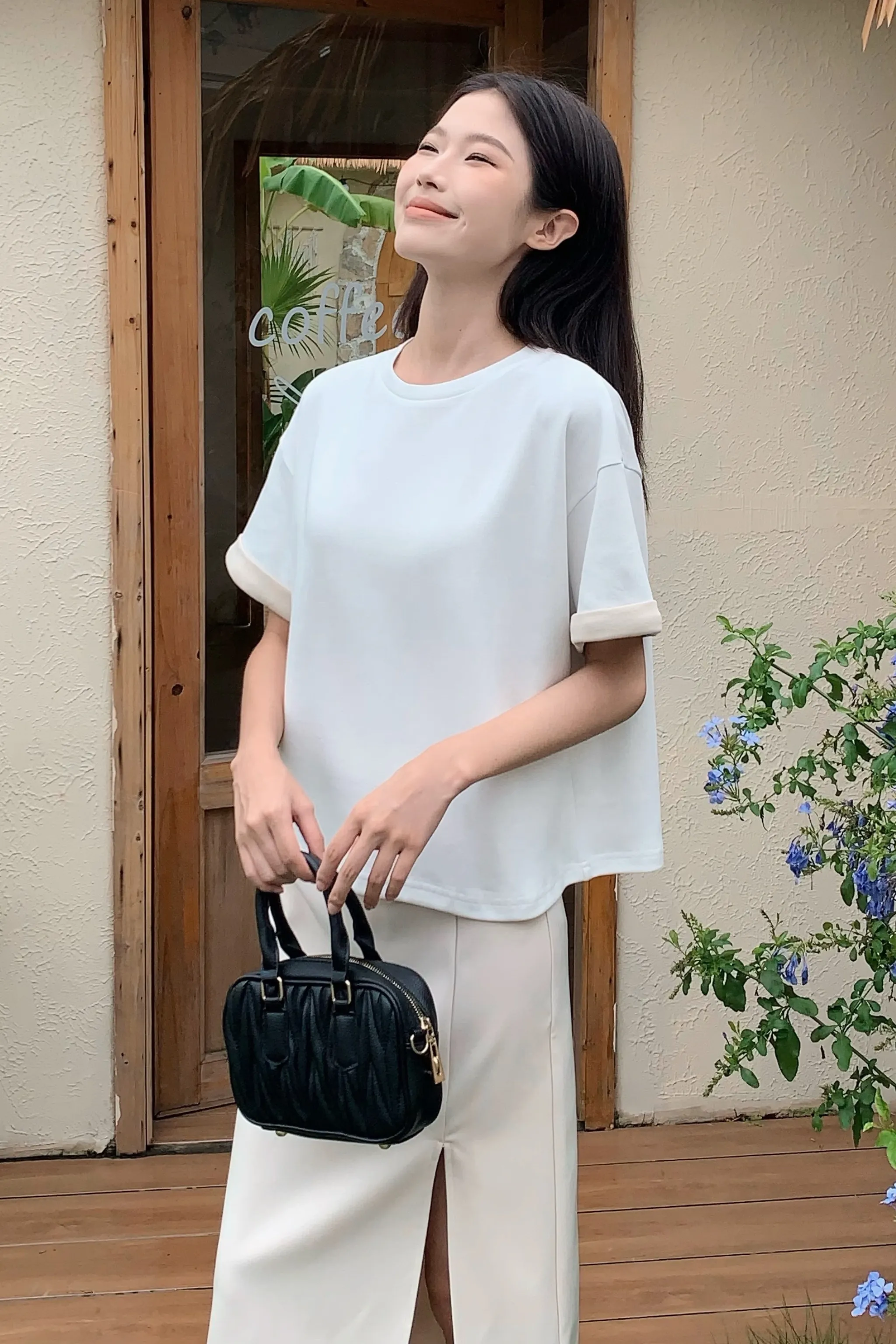 Unstructured Fit Ventilated Panel Design Toni Colorblock Boxy Tee White/Beige