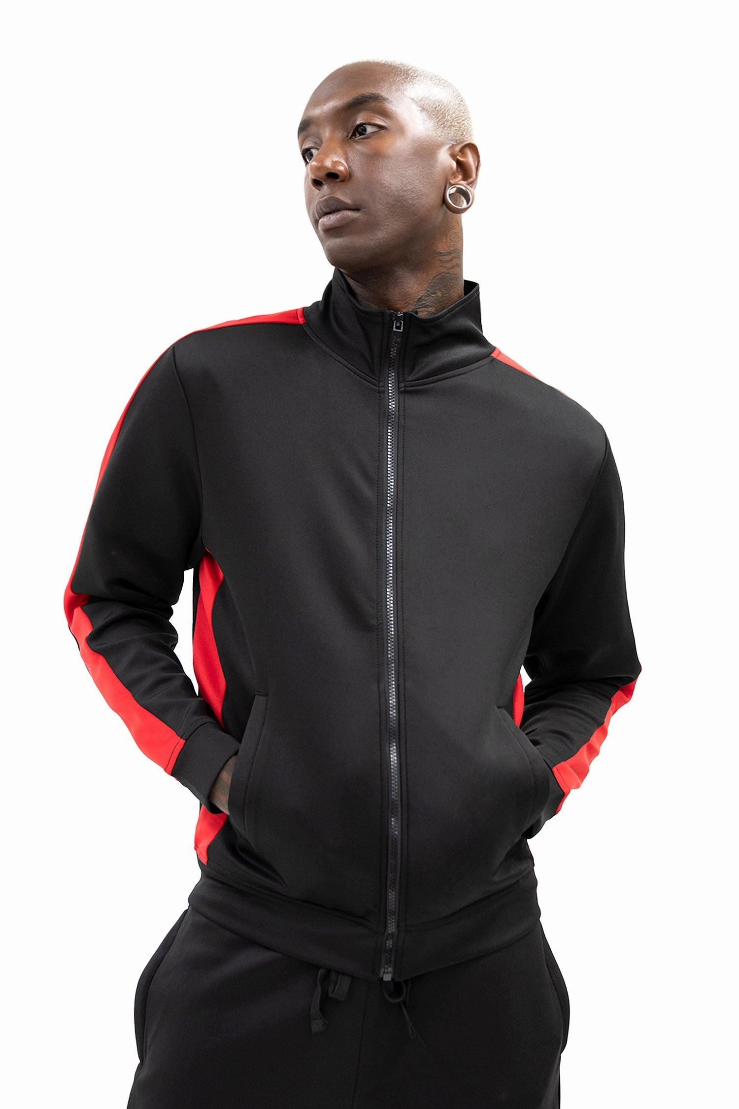 Men's Striped Solid Track Jacket RibbedKnitCollar Magnetic Fasteners