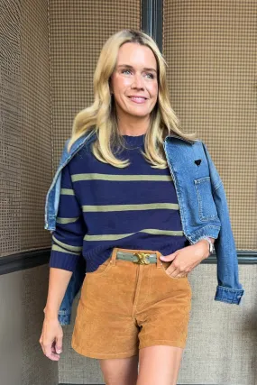 MASON'S DAUGHTER | Danielle Sweater, Navy & Olive Striped Knit Antimicrobial Treatment Basic Sweatshirt