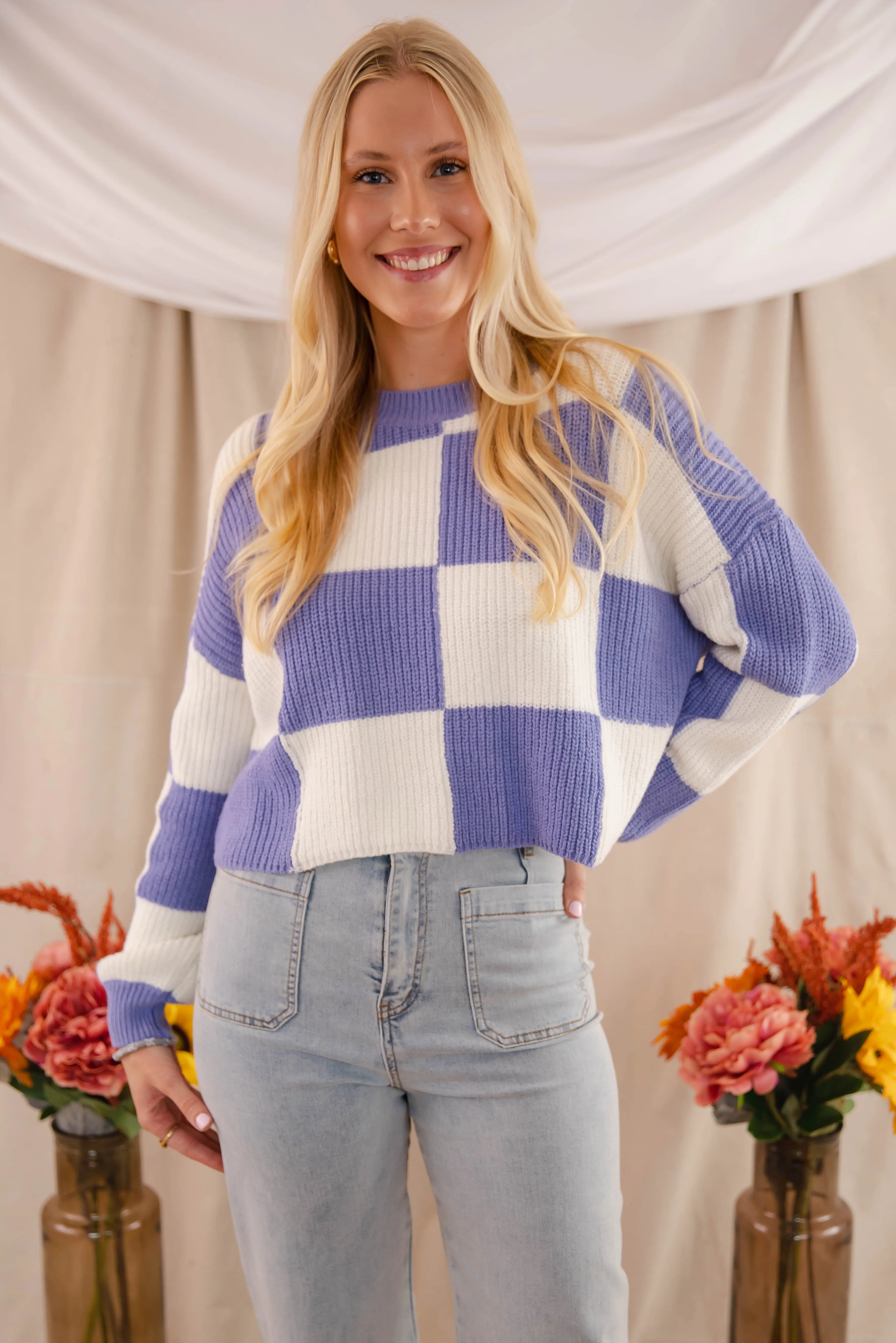 Checking Off the Boxes Sweater-Blue Lightweight Knit Cozy Touch