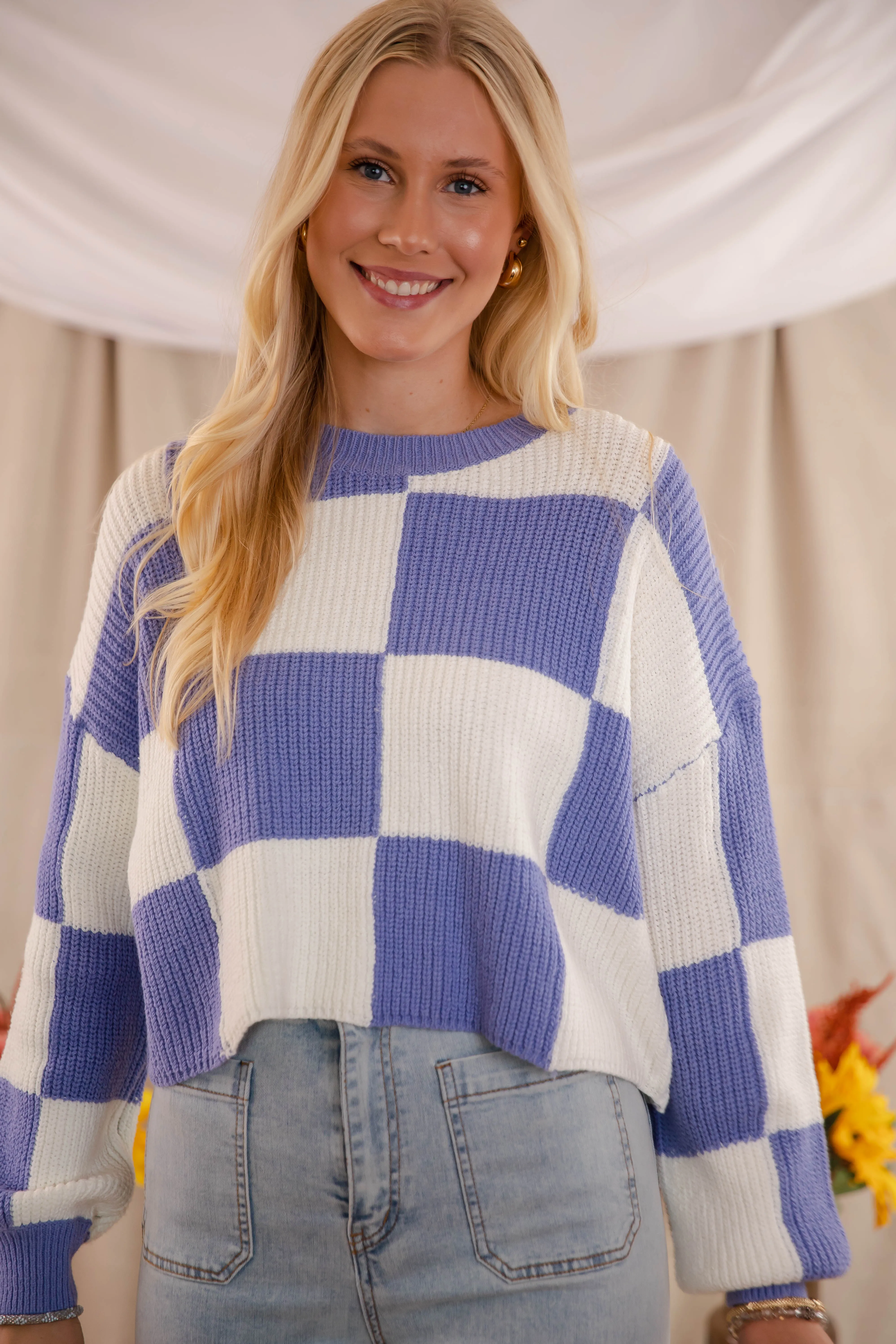 Checking Off the Boxes Sweater-Blue Quick Dry Material Chilly Knit