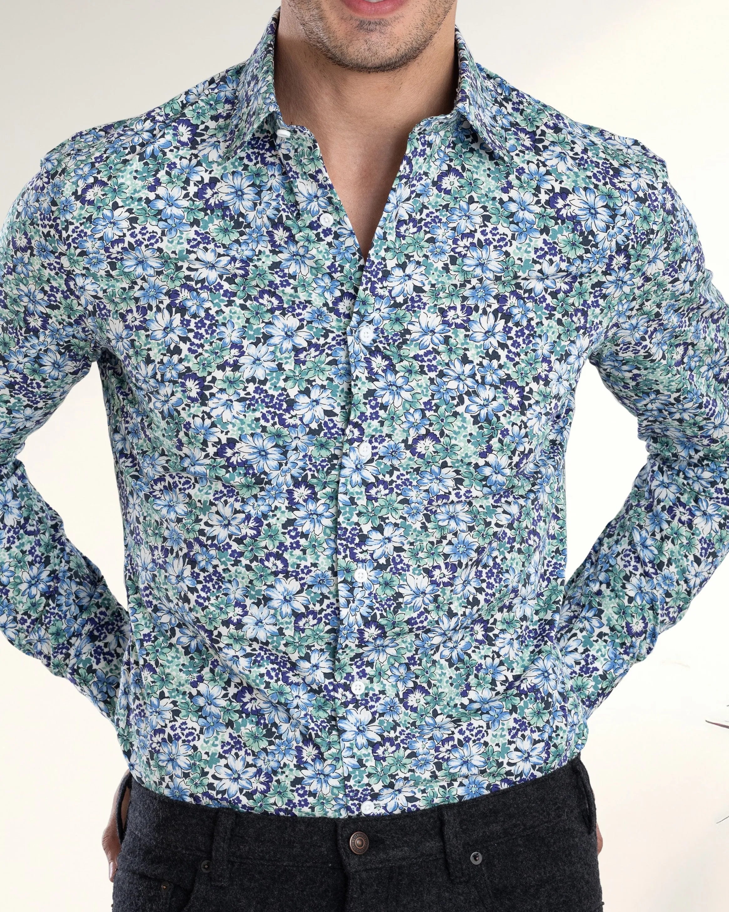 Casual Option Ultramarine Blue Green prints on White Shirt