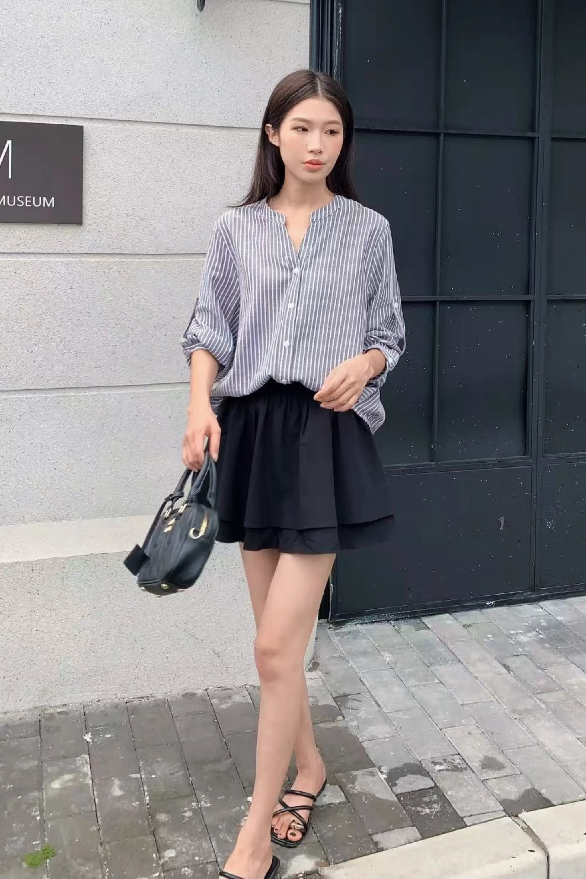 SelfFabric Binding Biodegradable material Trevor Cuffed Sleeves Stripe Shirt Grey