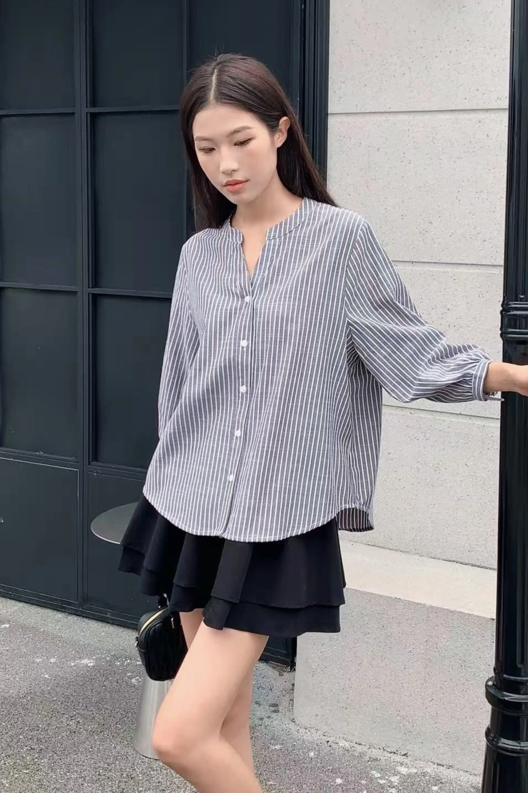 Trevor Cuffed Sleeves Stripe Shirt Grey AntiBacterial Coating