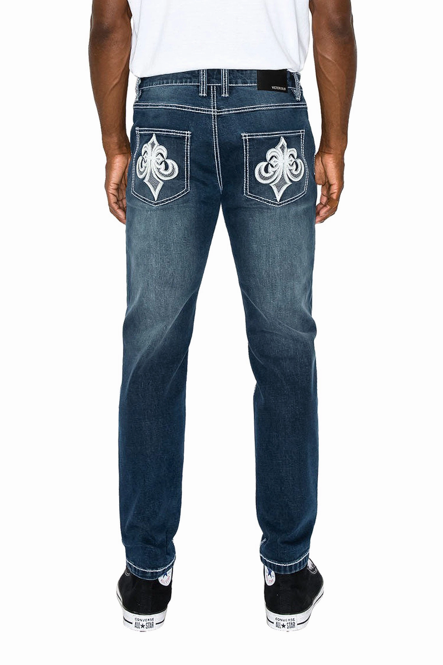 Men's Slim Fit Fleur De Lis Denim Jeans WrinkleResistantMaterial