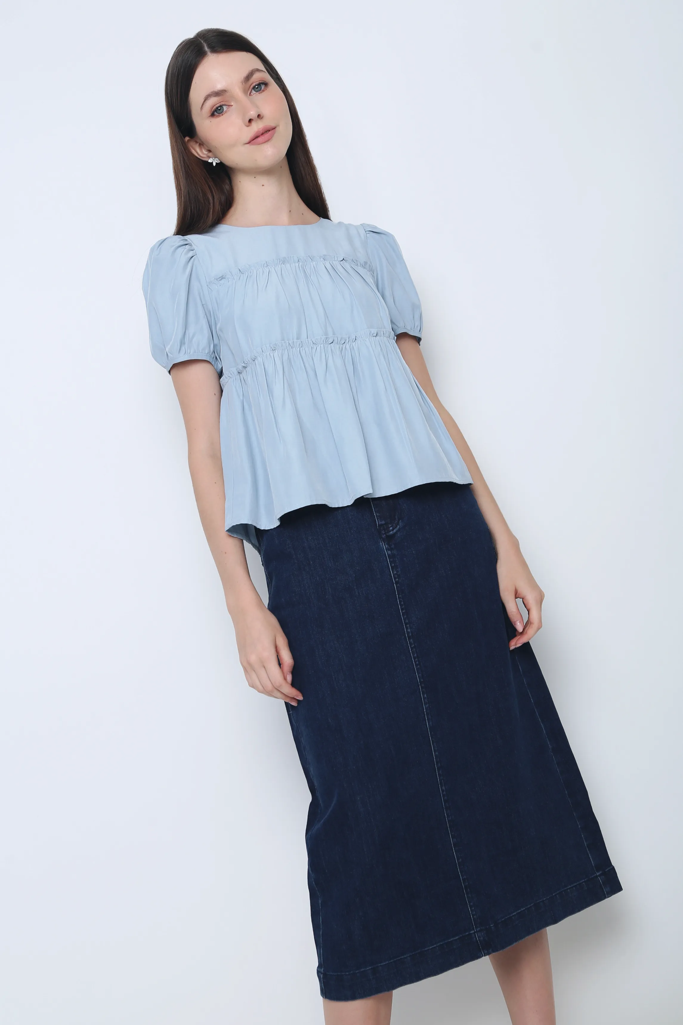 Casual Fit Durable Double Stitching Iva Ruffles Tier Blouse Sky