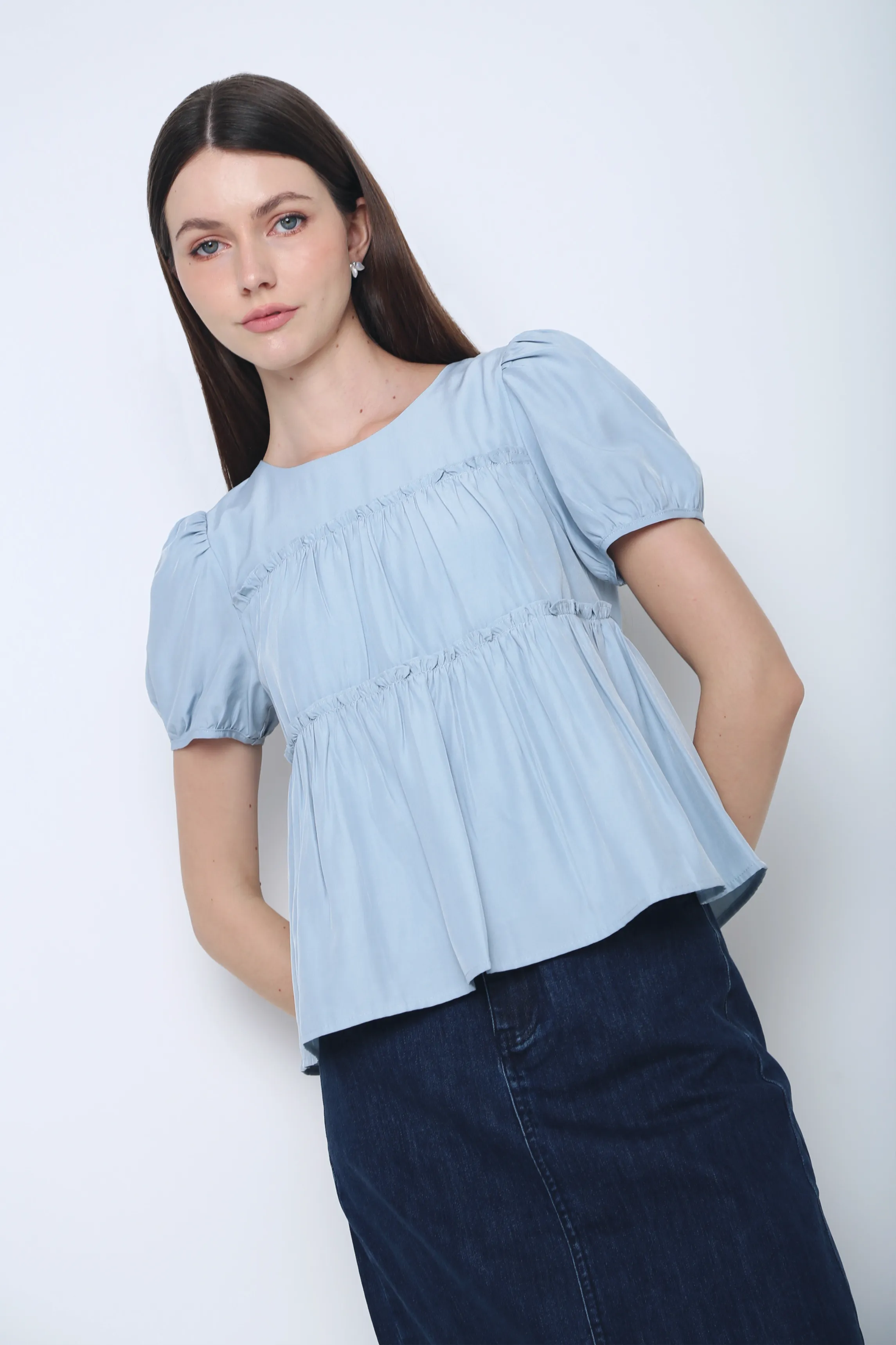 Hidden Storage Pockets Iva Ruffles Tier Blouse Sky