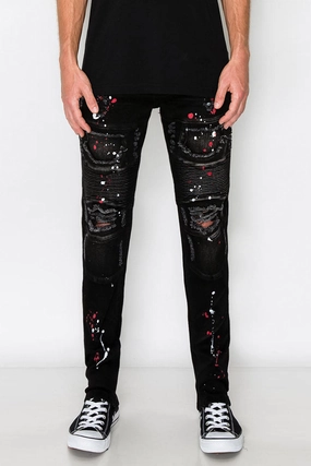 Stacked Paint Splatter Biker Jeans Cozy Waist Chic Appeal