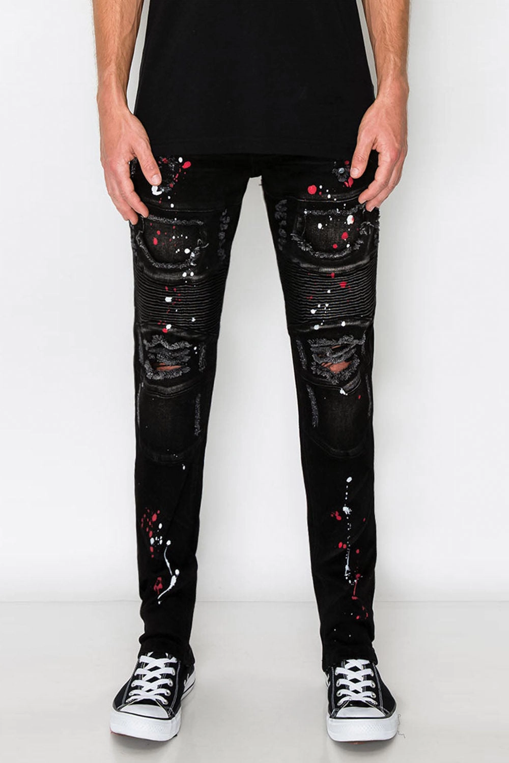 Stacked Paint Splatter Biker Jeans Cozy Waist Chic Appeal