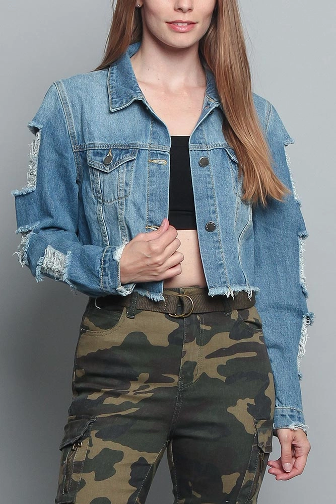 Cropped Distressed Denim Jacket Wind Resistant Coating