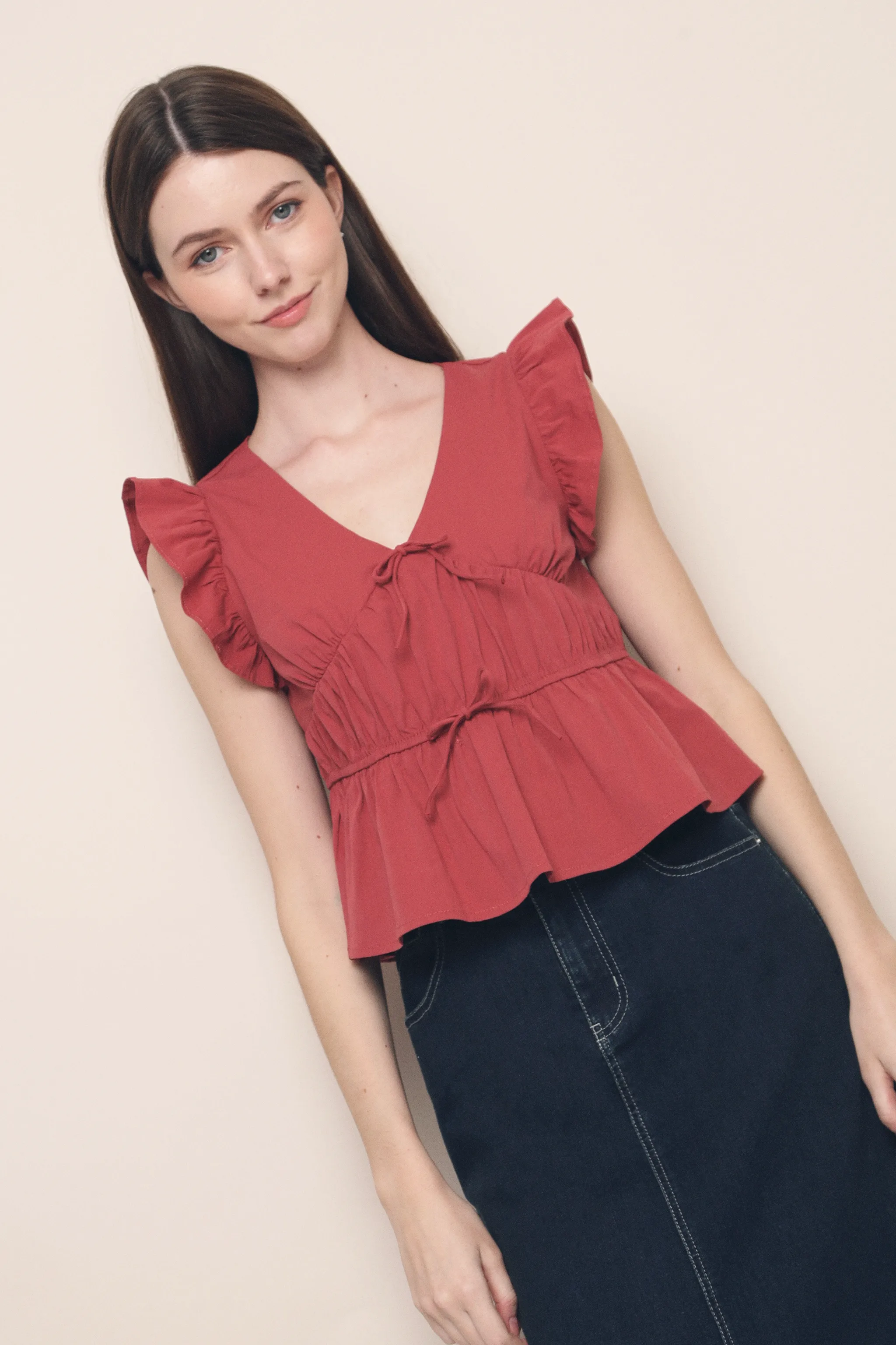 Una Flutter Sleeves Top Red DoubleLayeredFabric BambooBlend