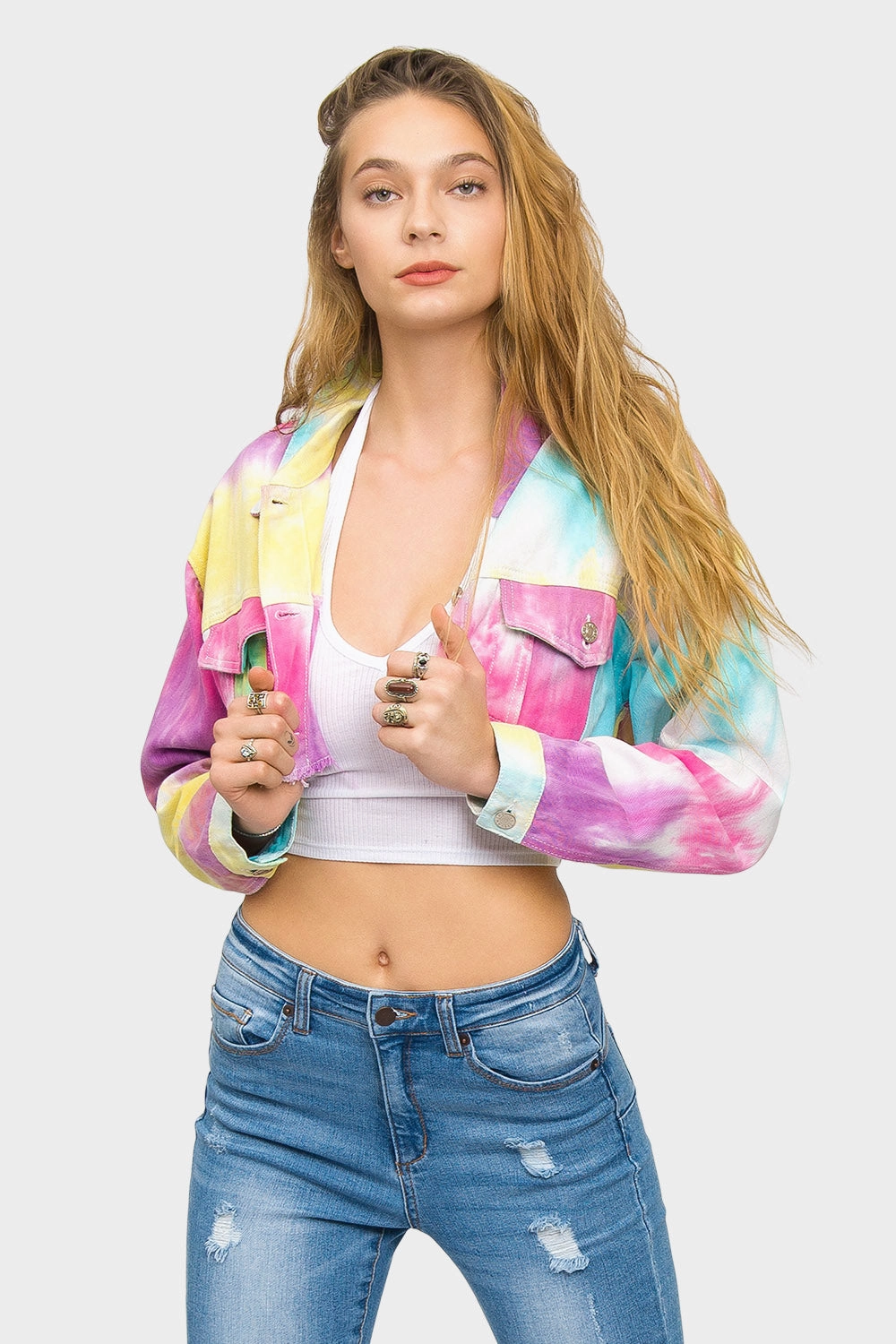 Lined Pockets Unicorn Tie Dye Crop Denim Jacket