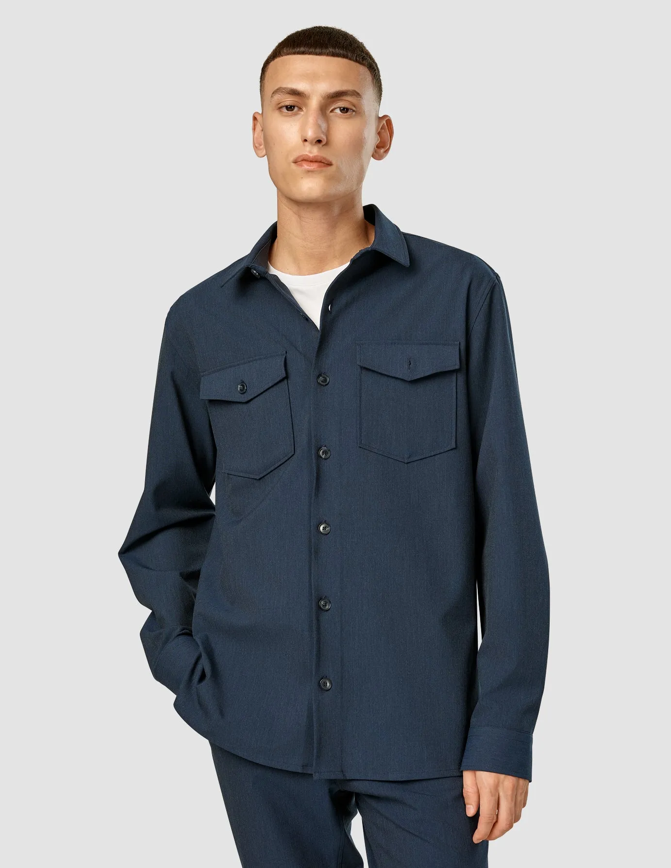 Essential Overshirt Navy Melange Multi Pocket Design Long Sleeve