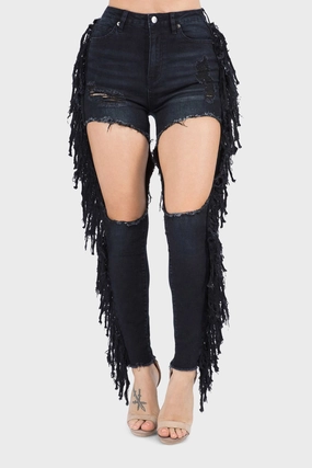 Hidden Pocket System Destroyed High Rise Fringe Denim Jeans
