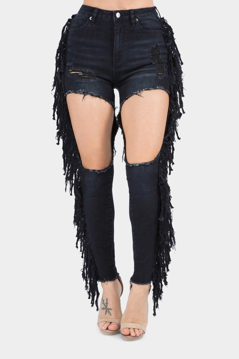 Printed design Tailored Silhouette Destroyed High Rise Fringe Denim Jeans