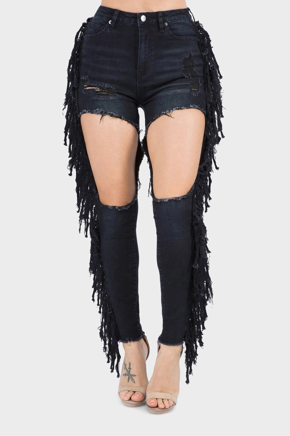 Destroyed High Rise Fringe Denim Jeans All Day Comfort Fit