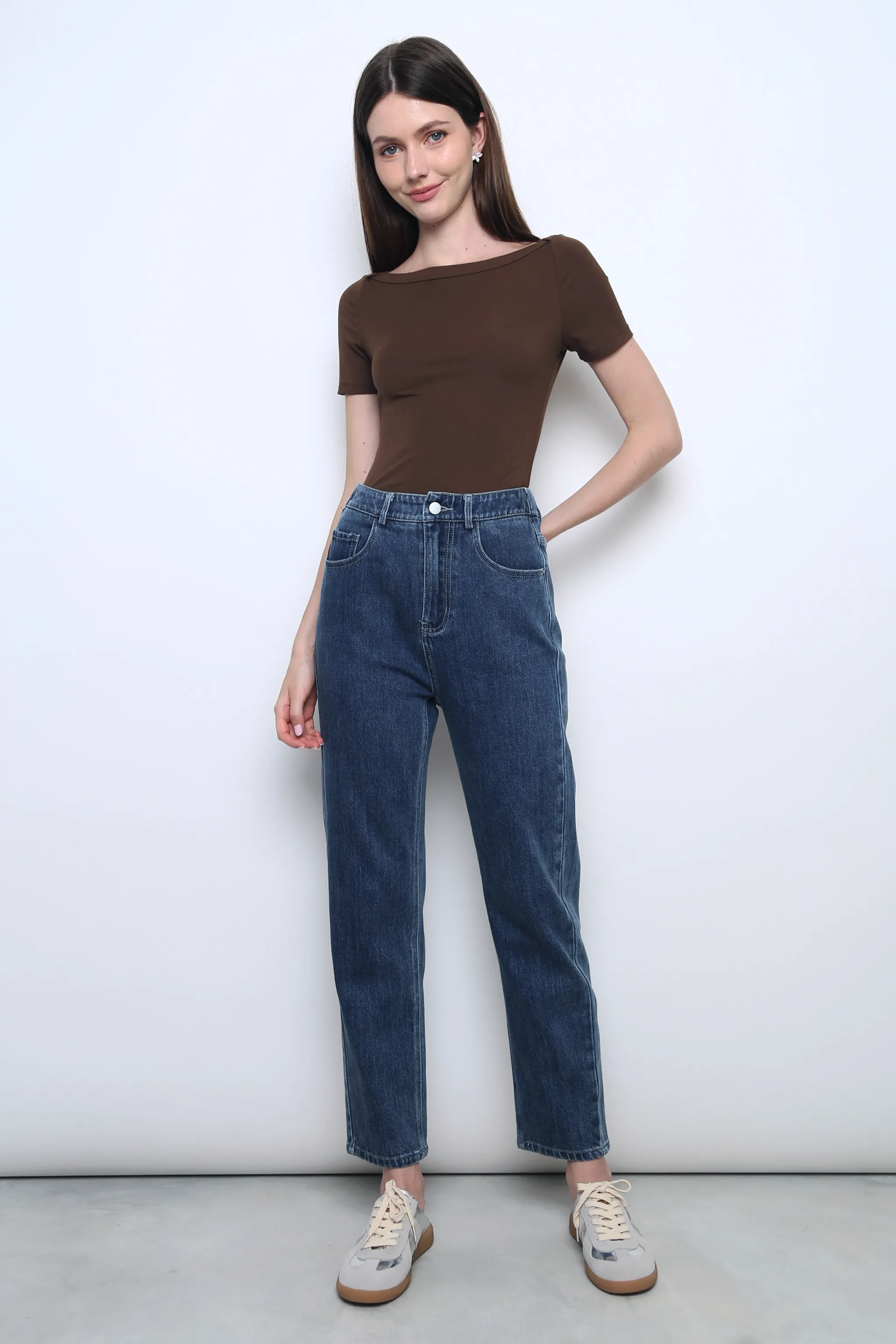 Unwind Boat Neck Mochie Tee Mocha Machine Washable Fabric Scoop Neck Shape