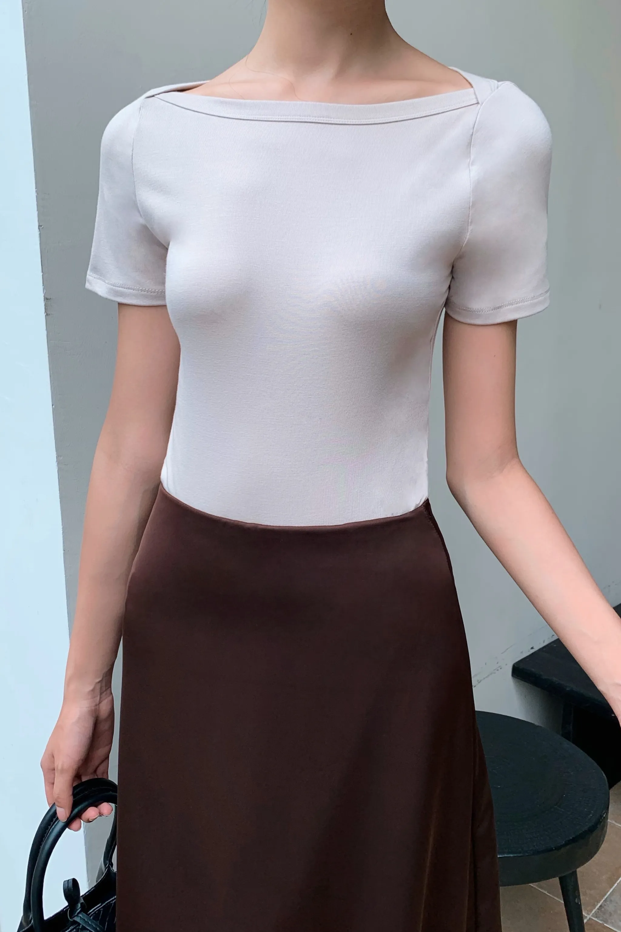 Unwind Boat Neck Mochie Tee Oat Scoop Neck Shape Layered Panel Design