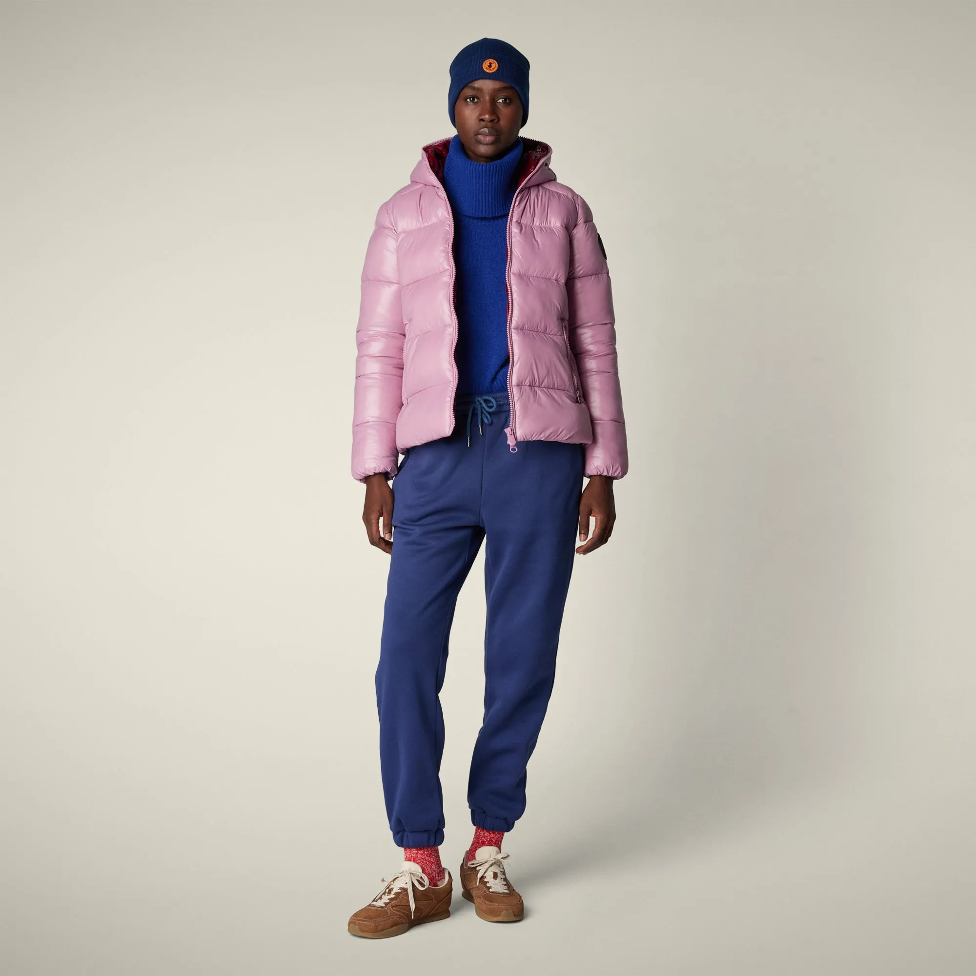 Women's Animal free puffer Jacket Lois in  Wild Orchid Layered Collar Design