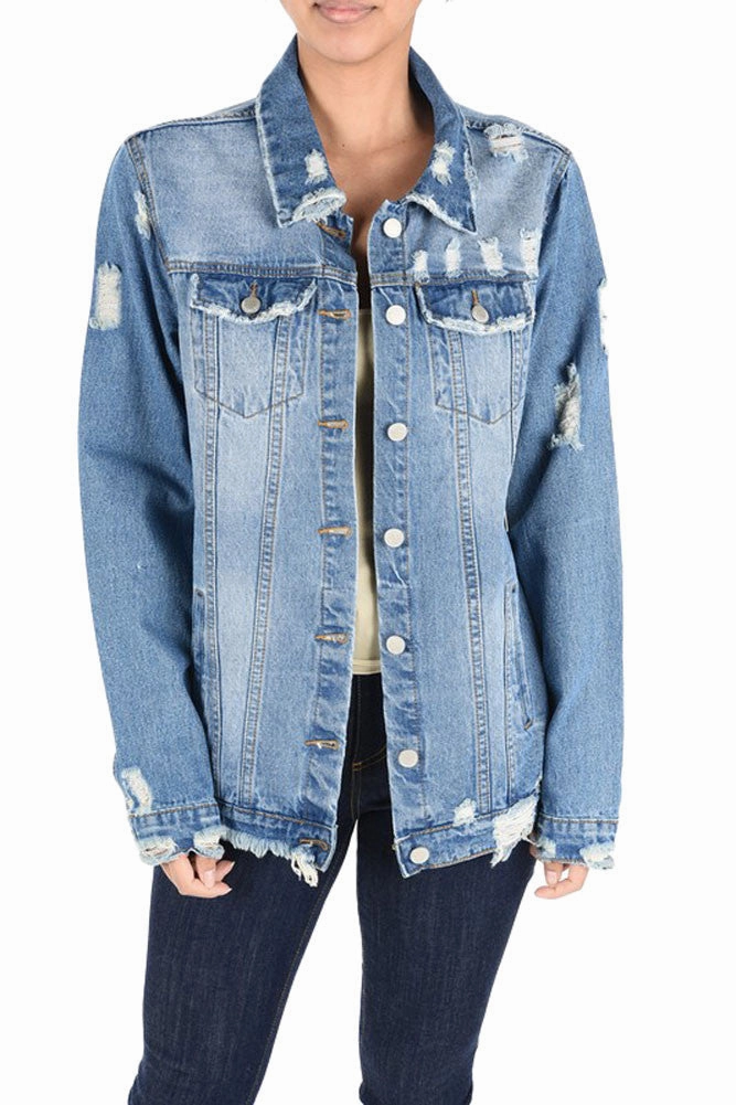 Multi Pocket EcoFriendlyInsulation Women's Slashed Back Destroyed Denim Jacket