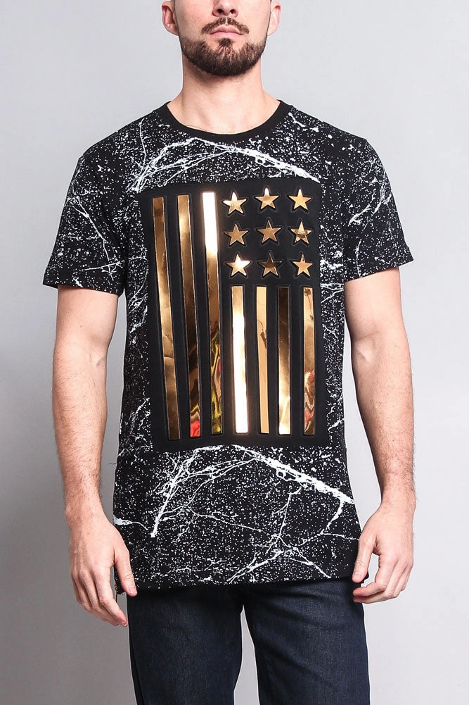 Metallic American Flag Marble Print T-Shirt Yarn Dyed Stripes Buttery Soft Handfeel