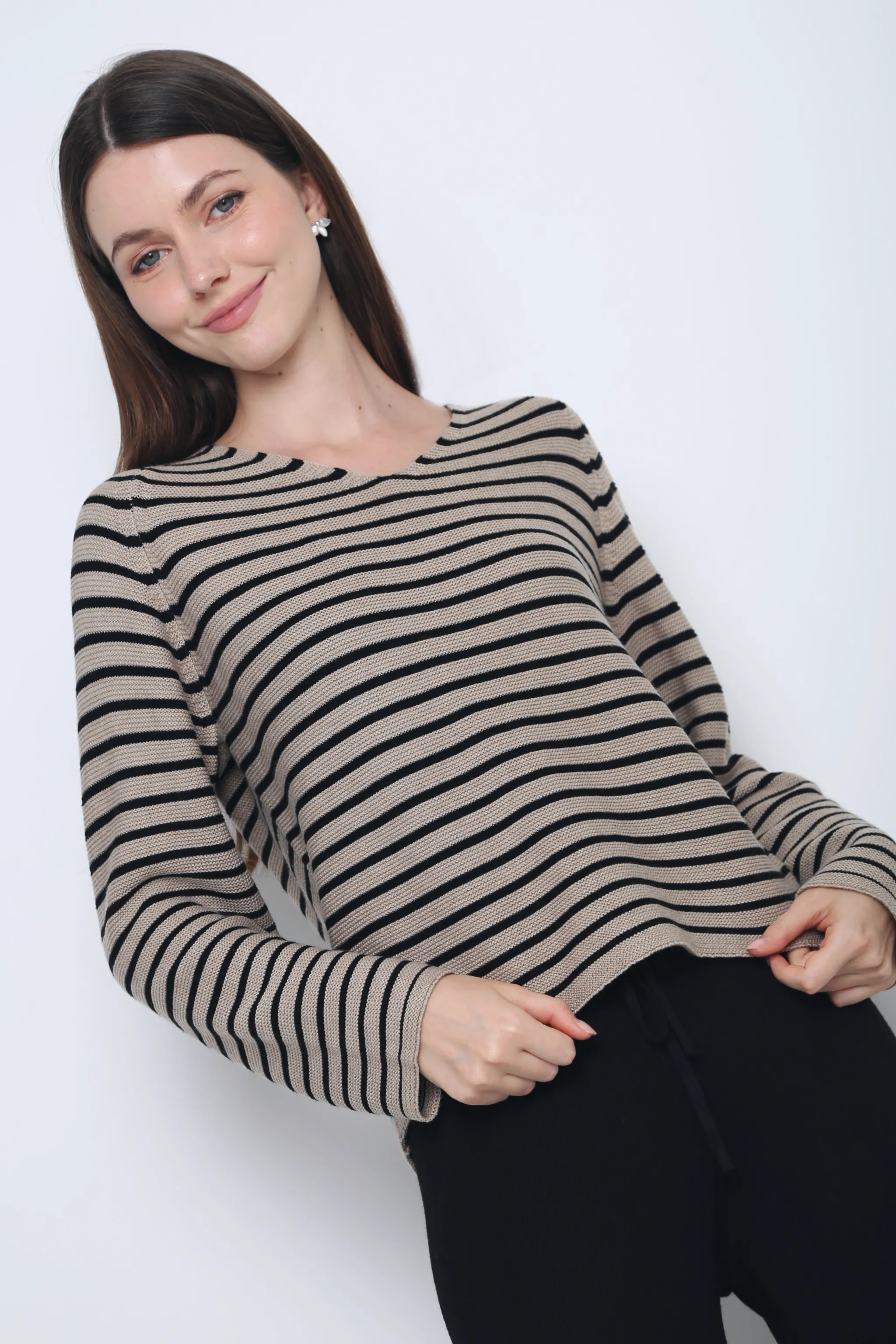 Essential Stripes Knit Top Taupe & Black Oversized Fit AdvancedAirflowChannels