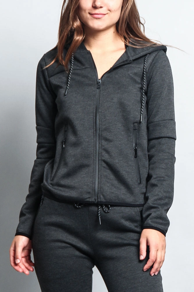 Women's Athletic Zip Up Hooded Sweater (Top Only) Flexible Insulation Headphone Hole