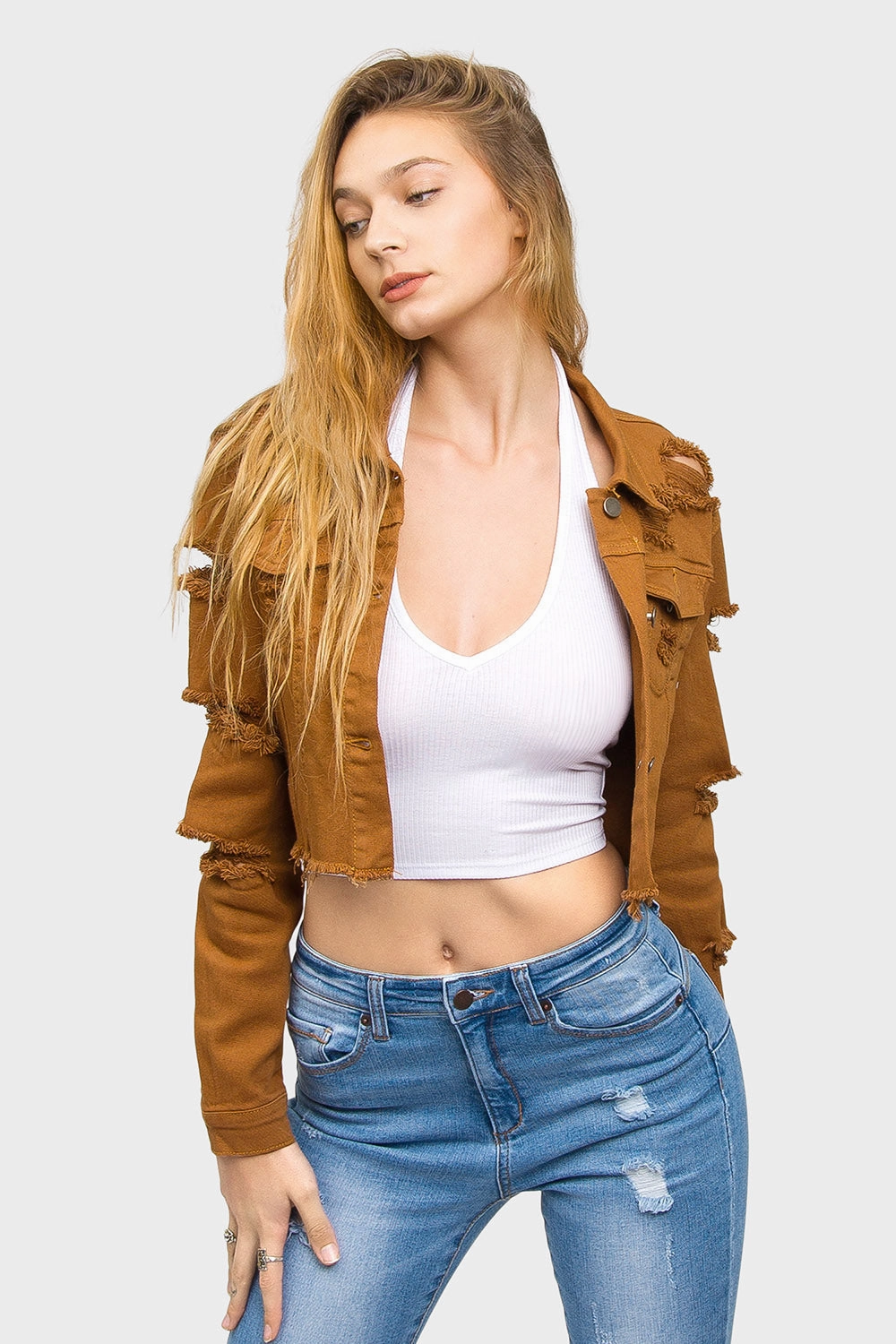 Destroyed Cropped Denim Jacket Seamless Bonding Minimal Travel Look