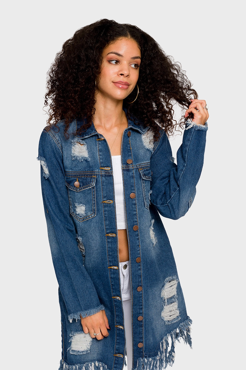 Stain Resistant Material Long Distressed Denim Jean Jacket