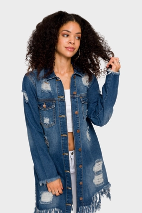 Reflective Safety Accents Button Closure Long Distressed Denim Jean Jacket