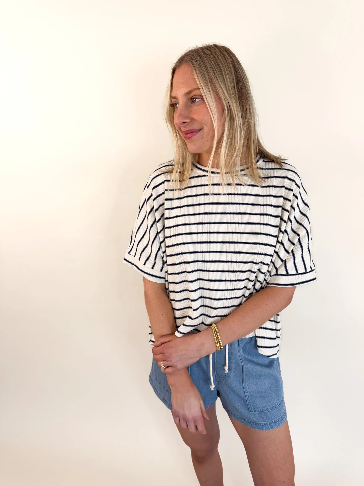 Chill Comfort Dweller Navy Stripe Dolman Knit Top