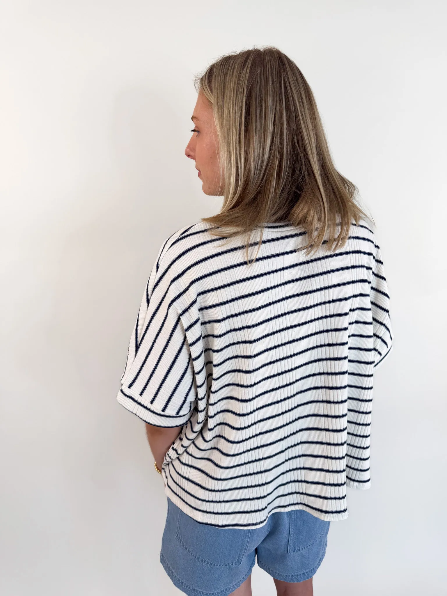 Dweller Navy Stripe Dolman Knit Top Must-Have Item Pocket Detailing
