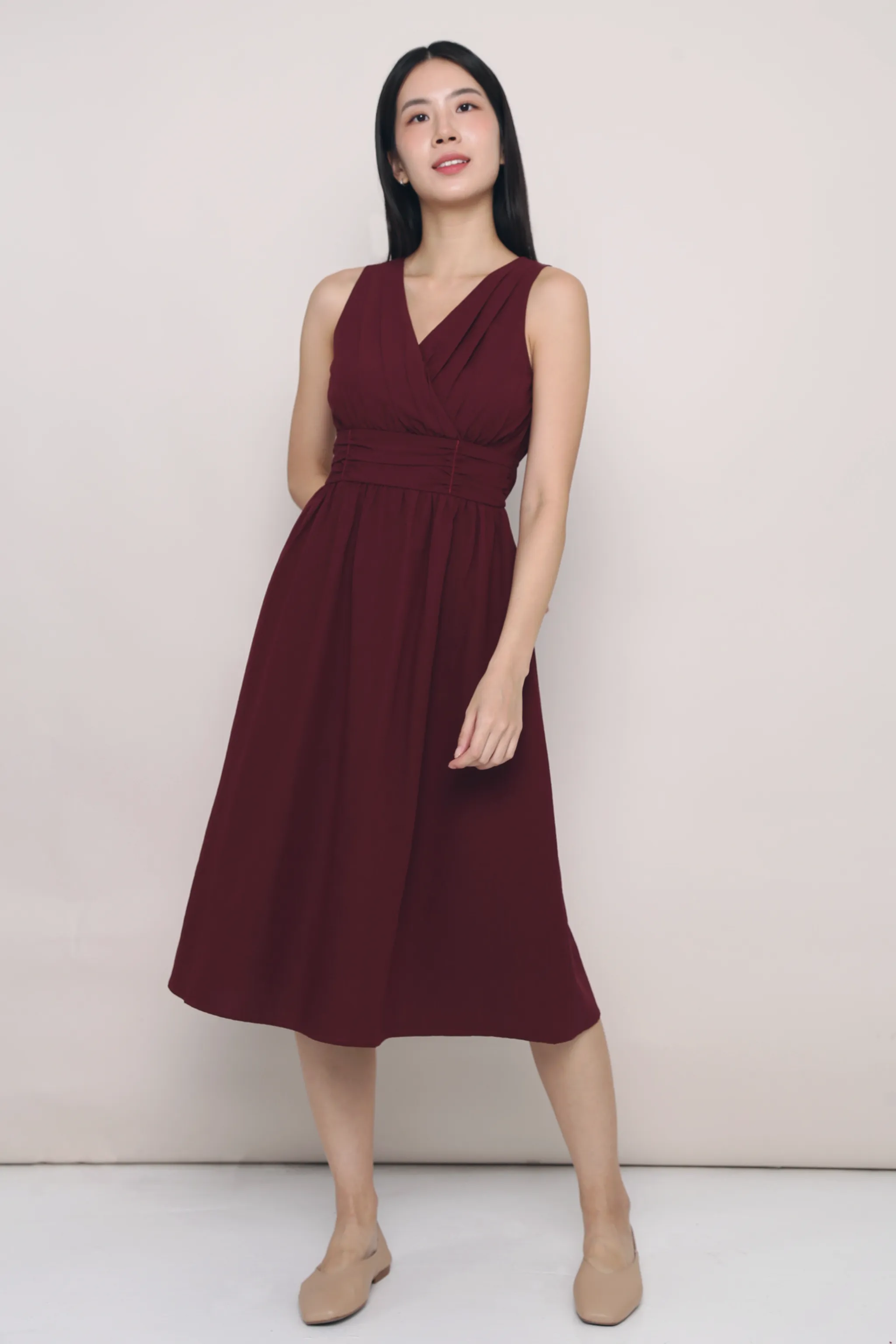 Simple Flow Meagan Pleat Waist Midi Dress Burgundy