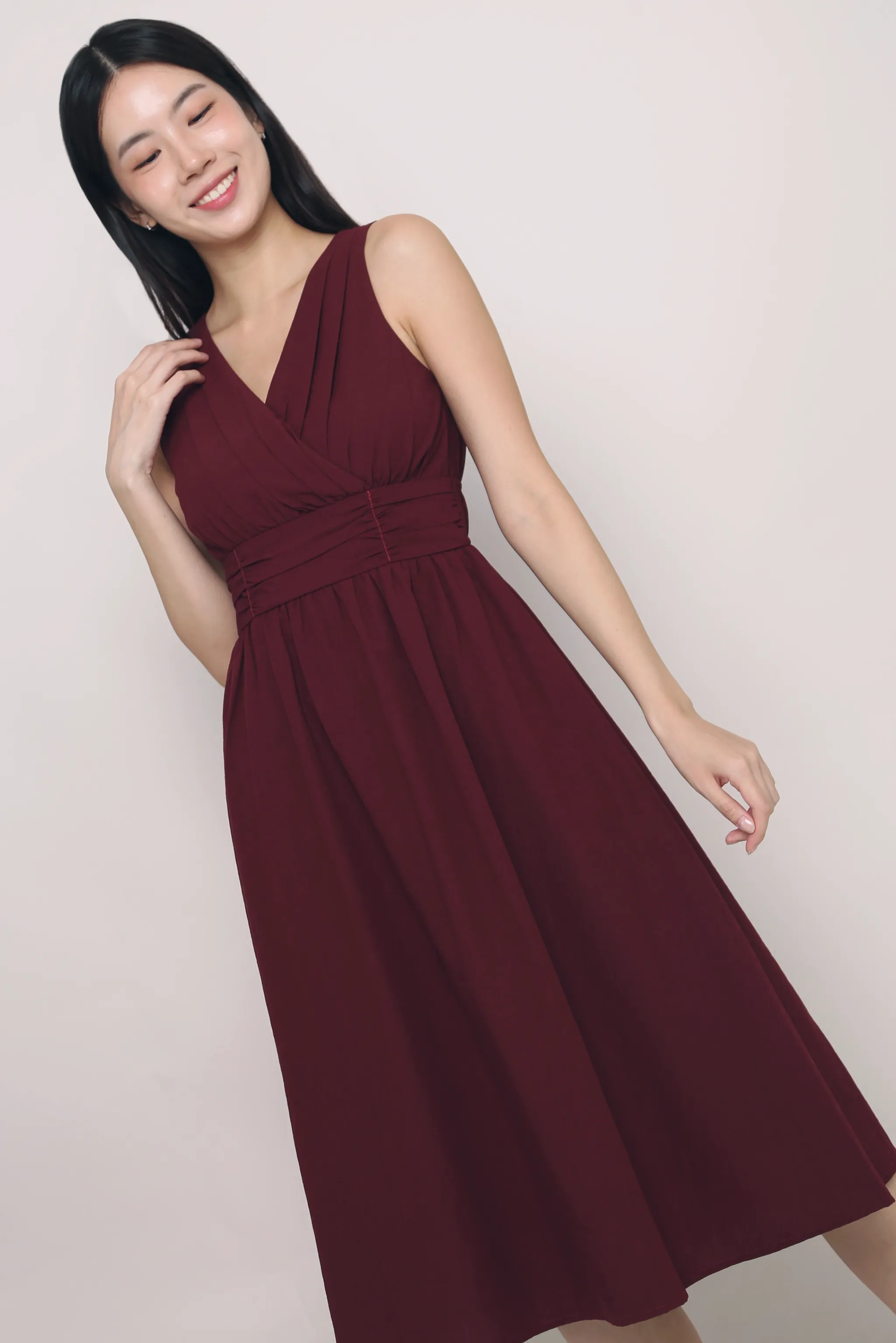 Meagan Pleat Waist Midi Dress Burgundy Comfortable Design All-season