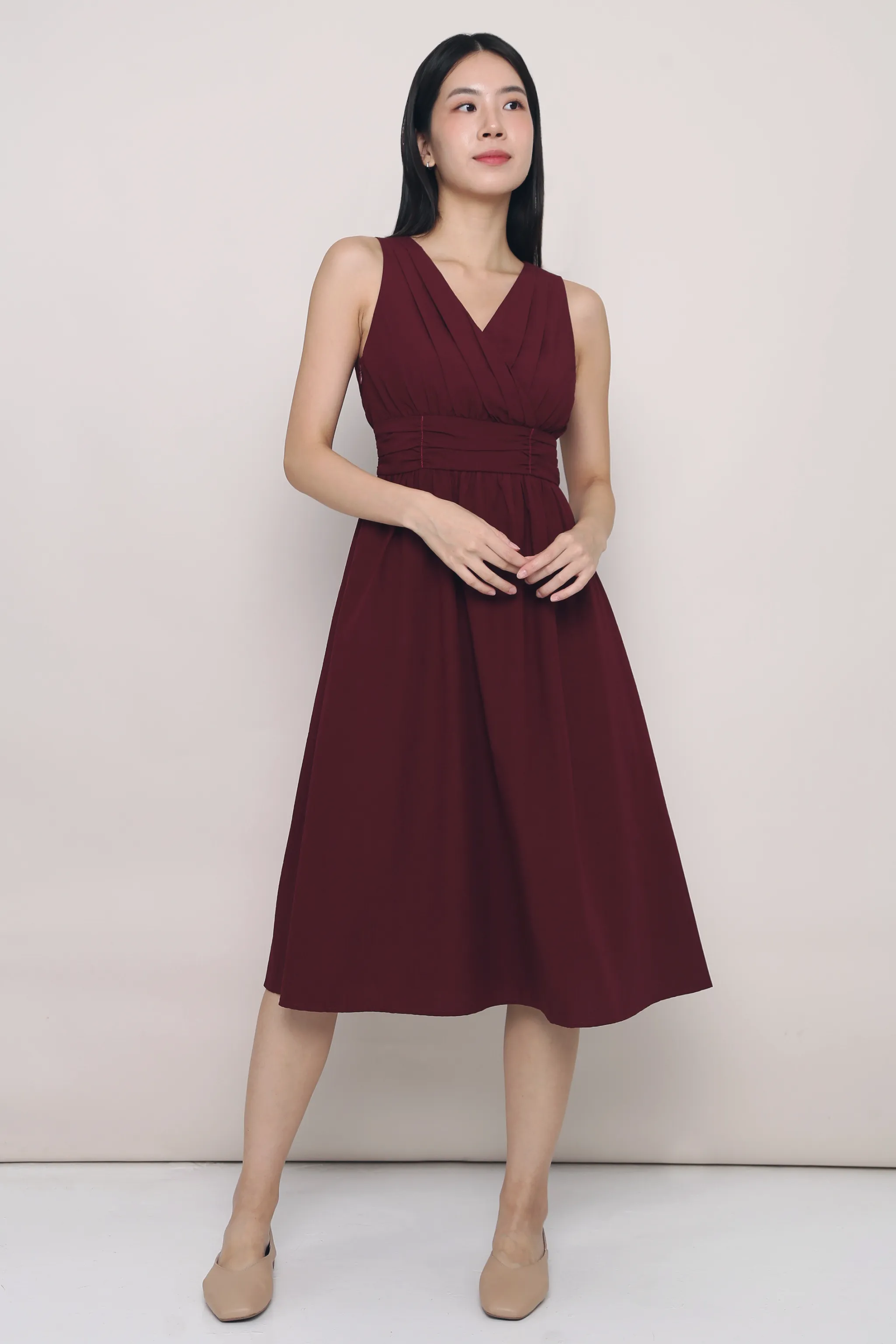 Meagan Pleat Waist Midi Dress Burgundy breathable fabric dress