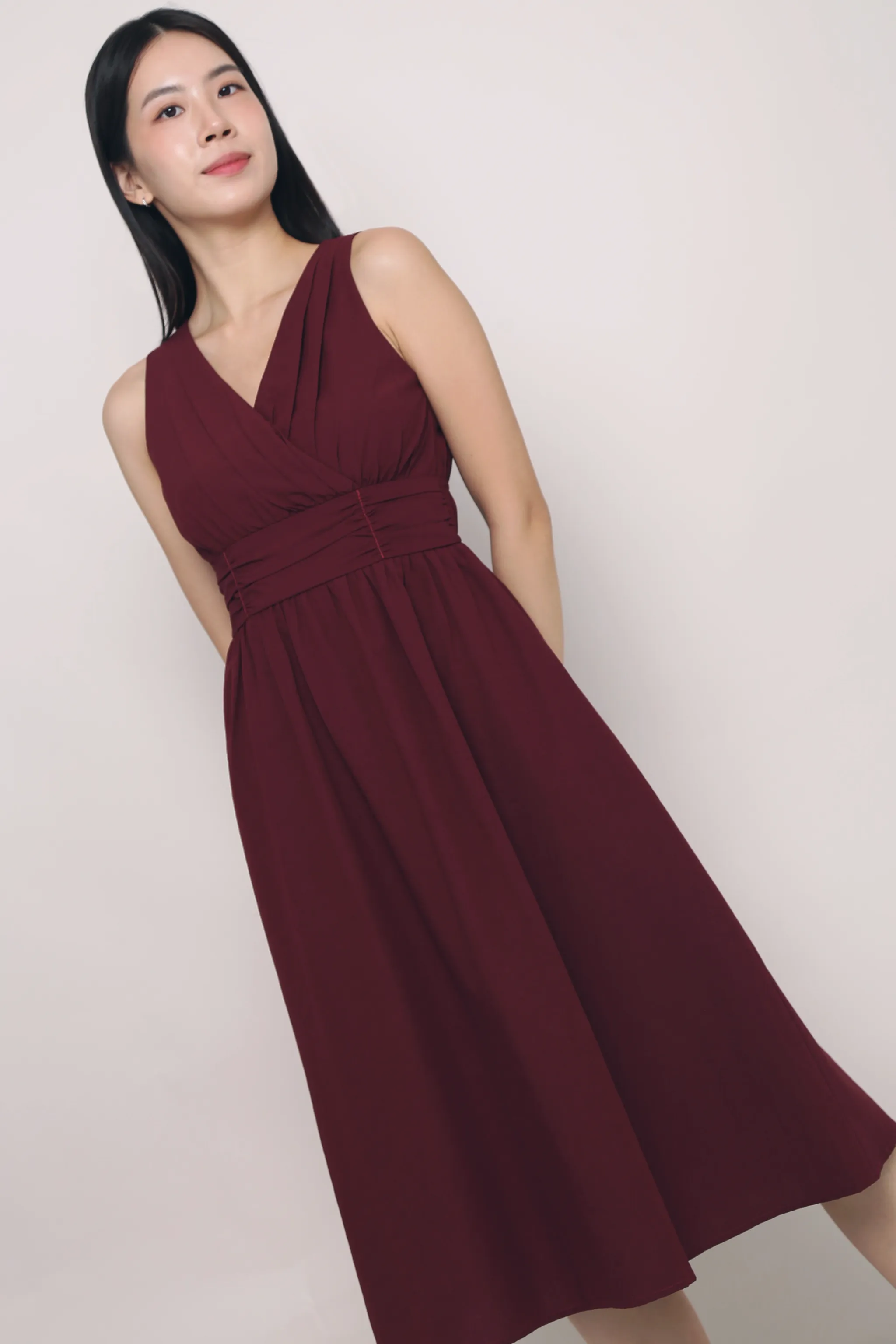 classic waist Structured-Shape Meagan Pleat Waist Midi Dress Burgundy