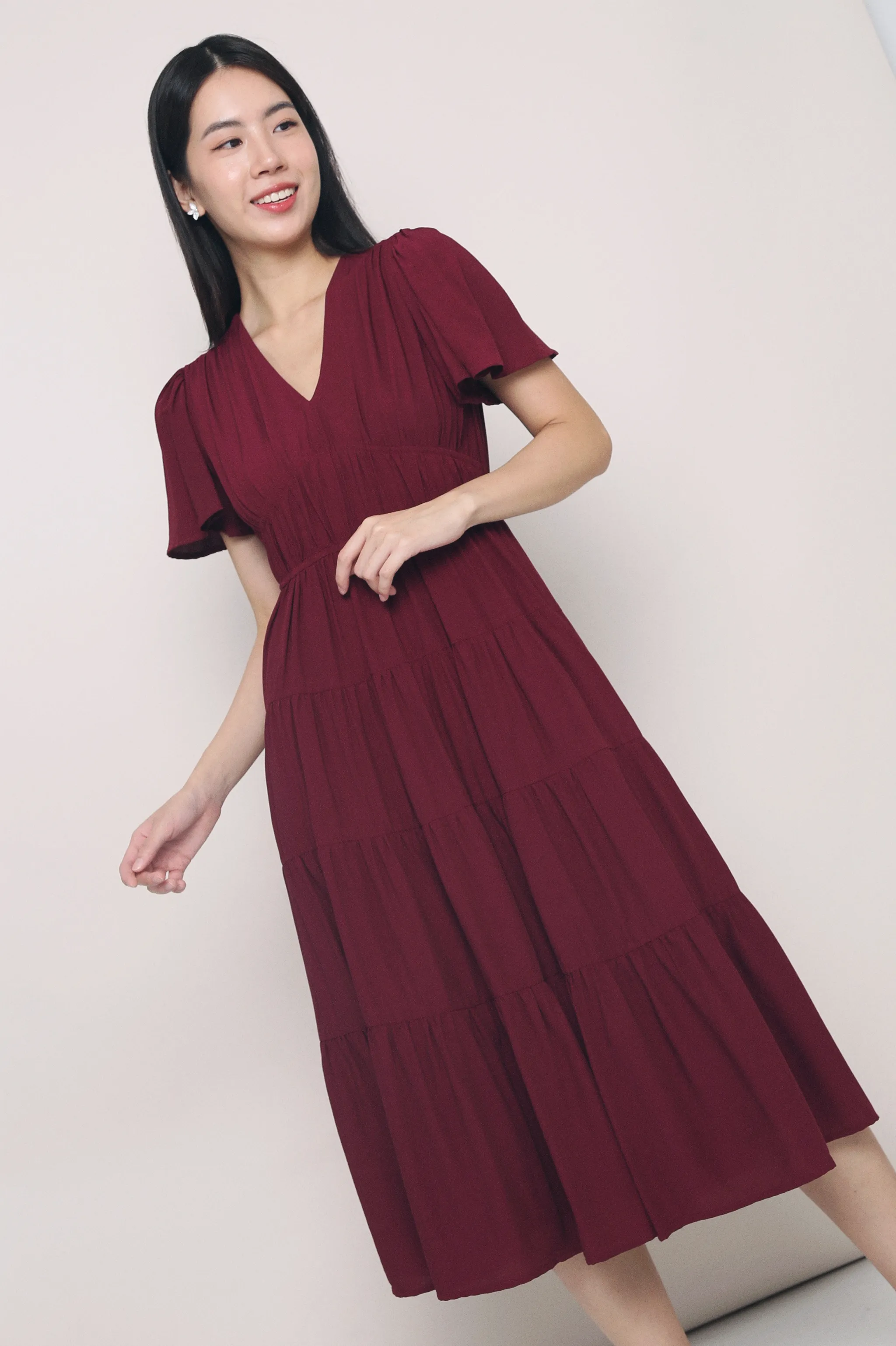 Viola Tier Maxi Dress Burgundy Fluid movement Simple yet sophisticated gown