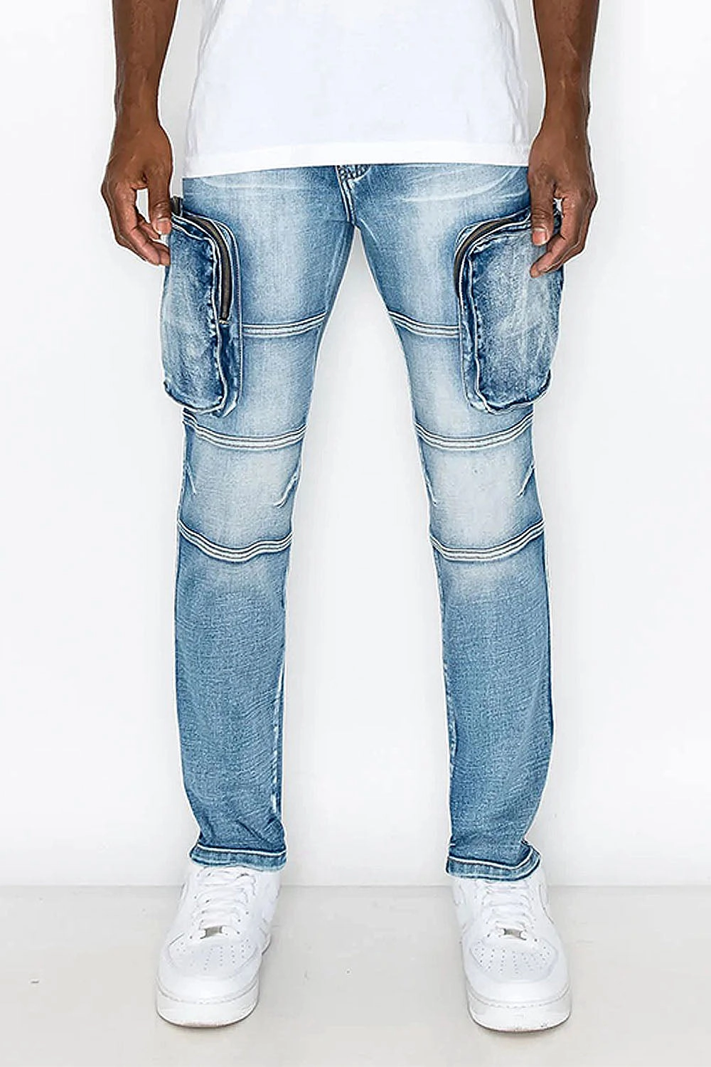 Core Cut Washed Zippered Cargo Denim Jeans