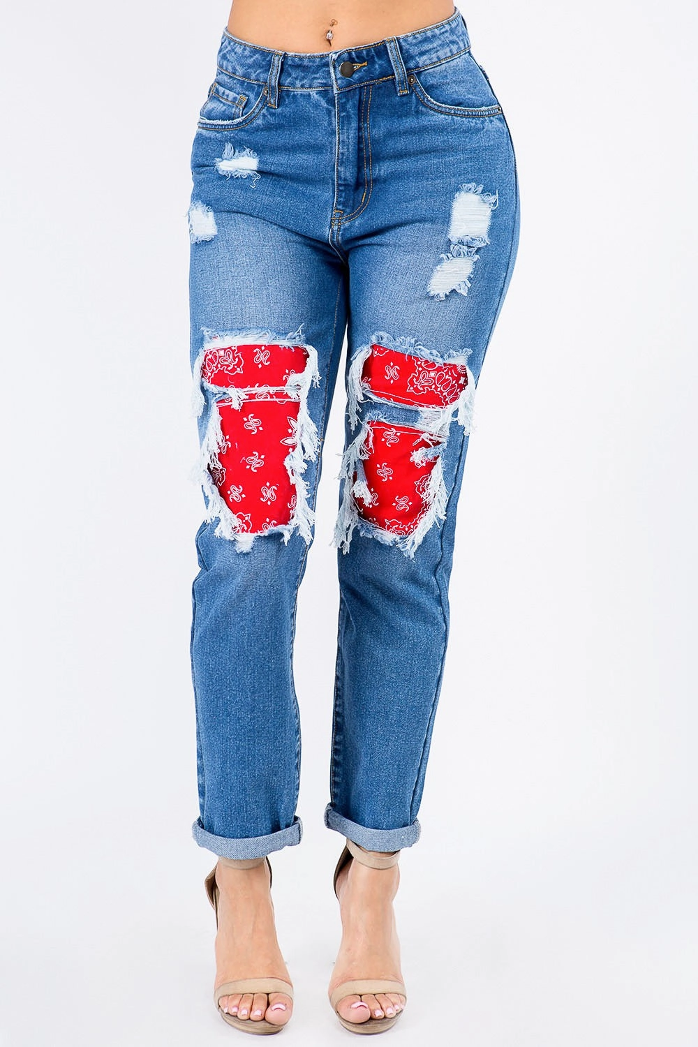 High Waist Bandana Patchwork Jeans Seamless Design Breathable wear