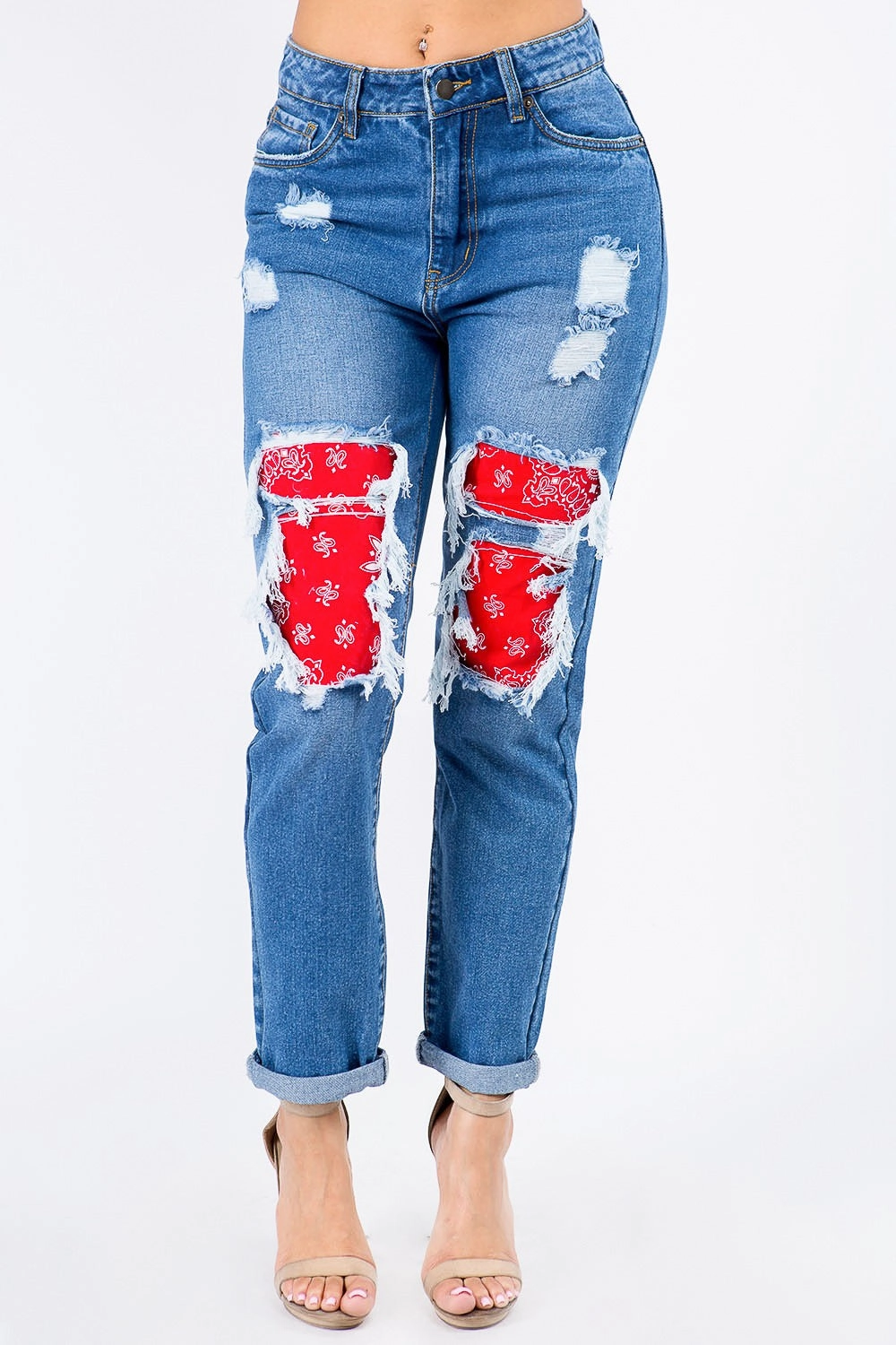 High Waist Bandana Patchwork Jeans HiddenDrawcord