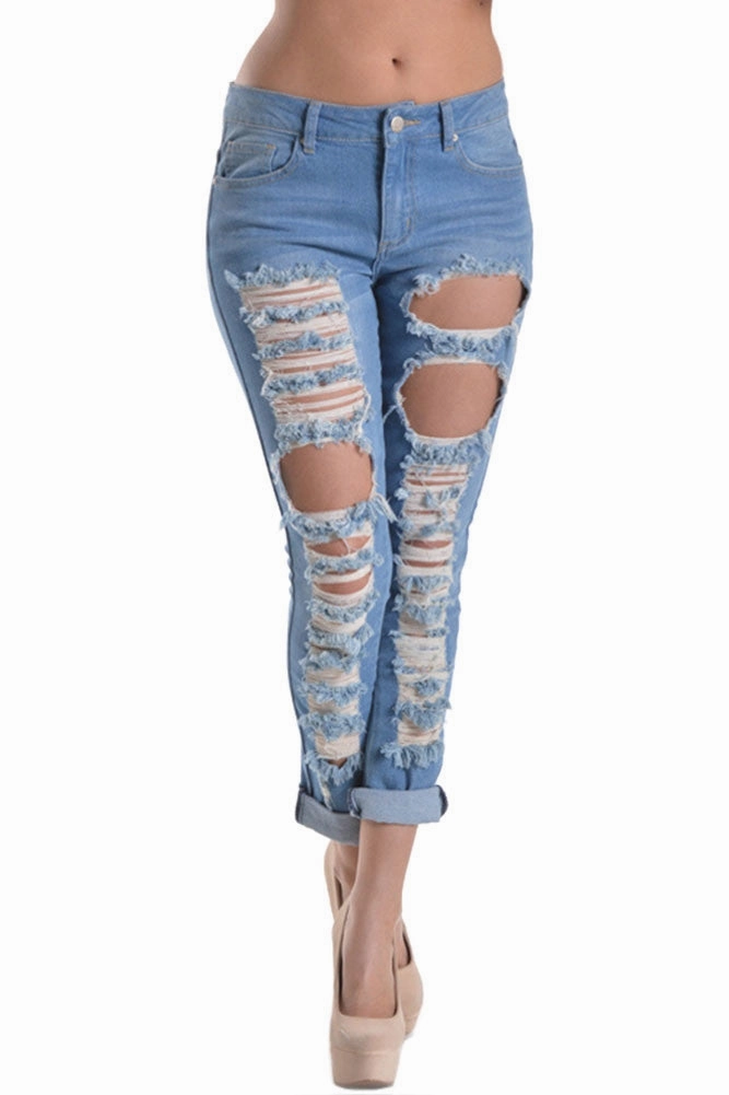 Ripped Roll-Up Skinny Jeans High Waist Stretch