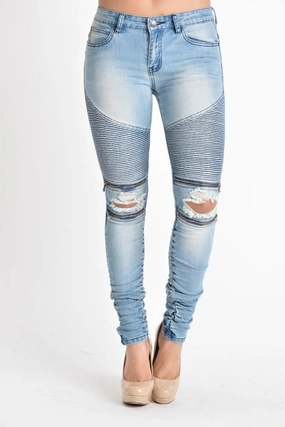 Convertible legs Women's Biker Style Ripped Zip Rider Jeans