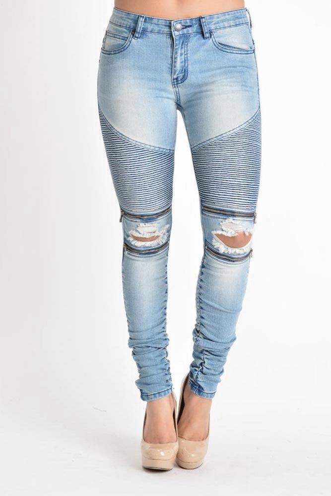 Relaxed Cut Women's Biker Style Ripped Zip Rider Jeans