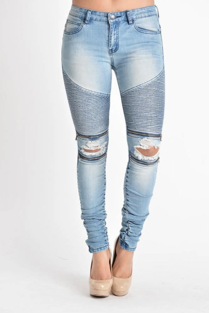 Convertible legs Women's Biker Style Ripped Zip Rider Jeans